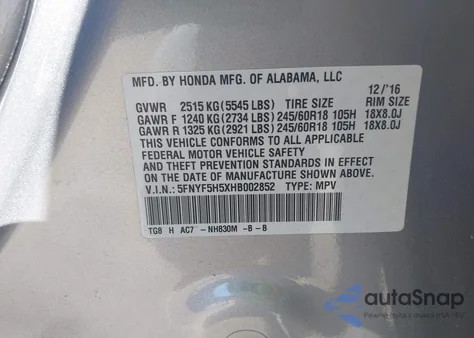 2017 Honda Pilot Ex-L z USA, uszkodzony, nr VIN 5FNYF5H5XHB002852